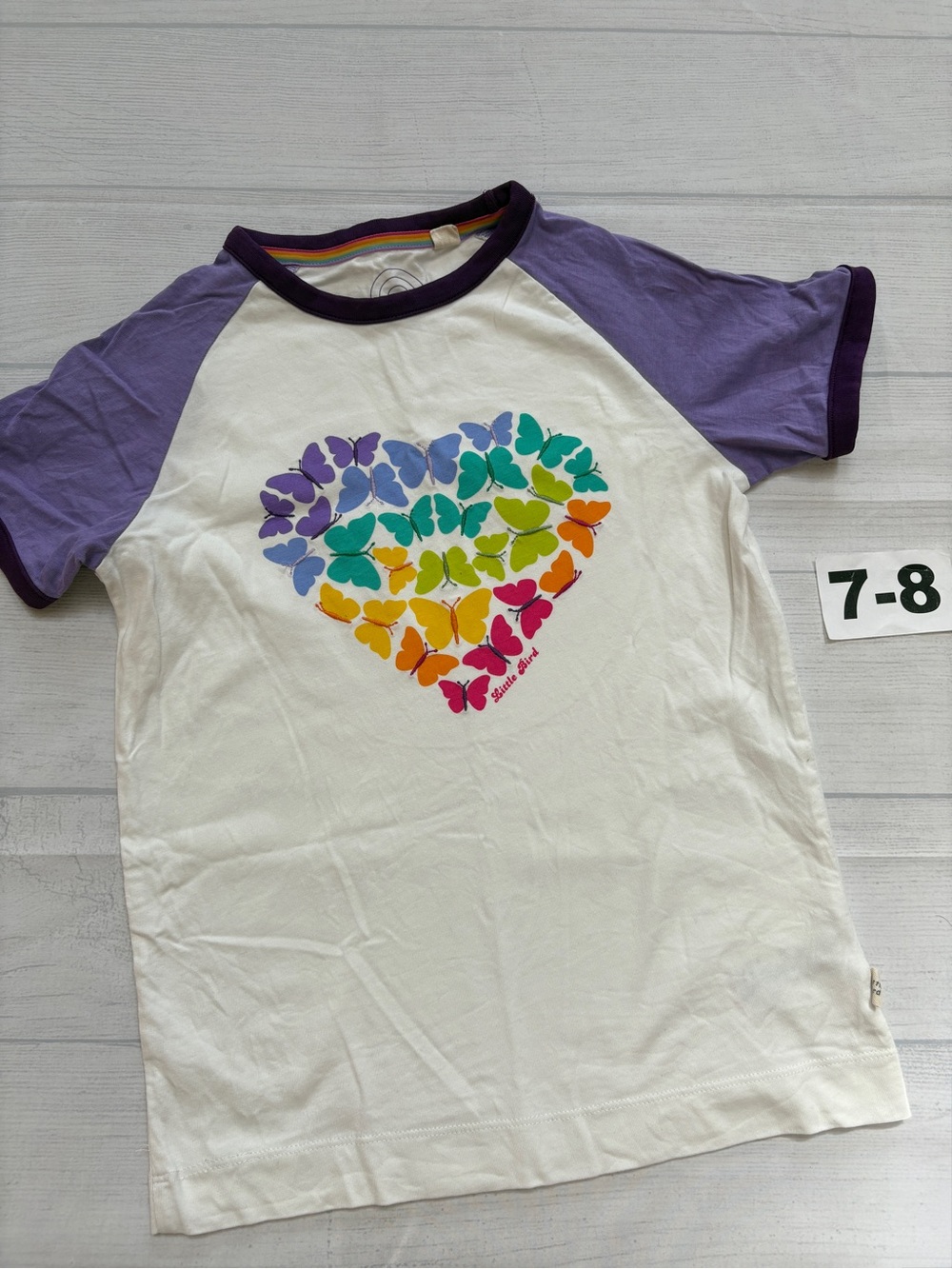 Little bird Tee with Purple Raglan Sleeves & Rainbow Butterfly Heart